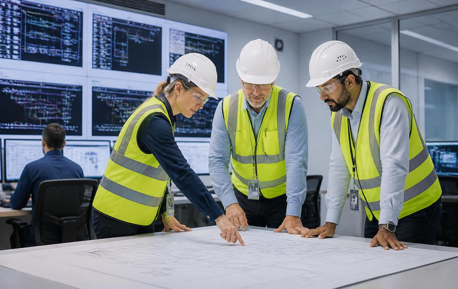 Engineers reviewing plans inside a modern industrial control room